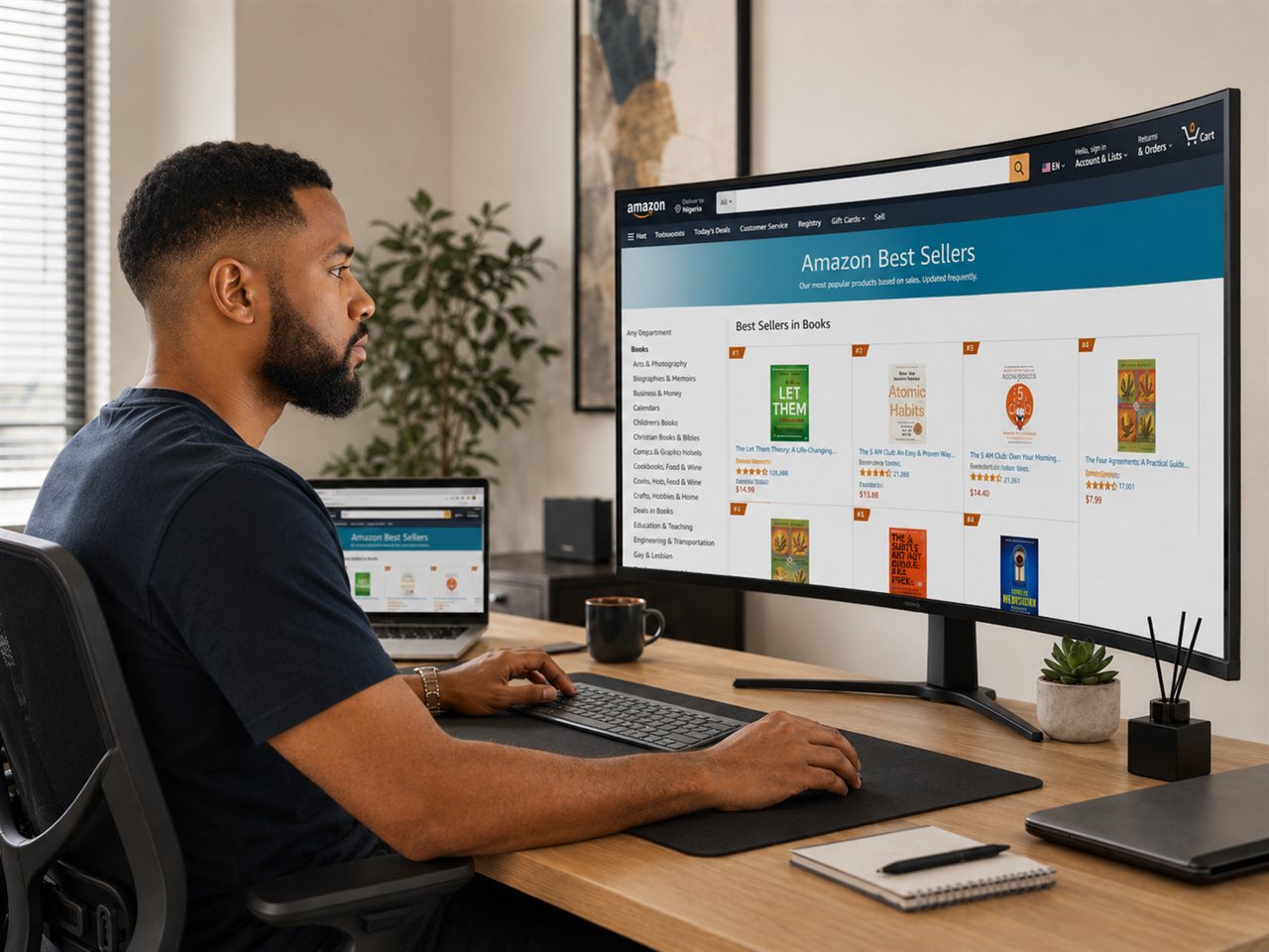 Student researching Amazon Best Sellers in books on a large monitor
